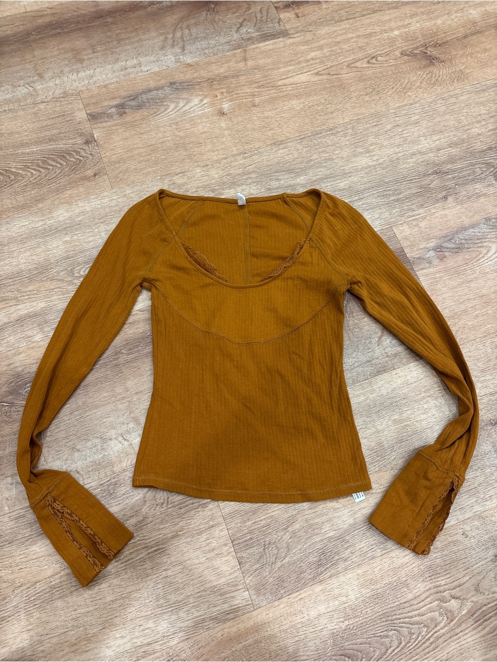 Free People Ribbed Scoop Neck Long Sleeve Top - Burnt Orange